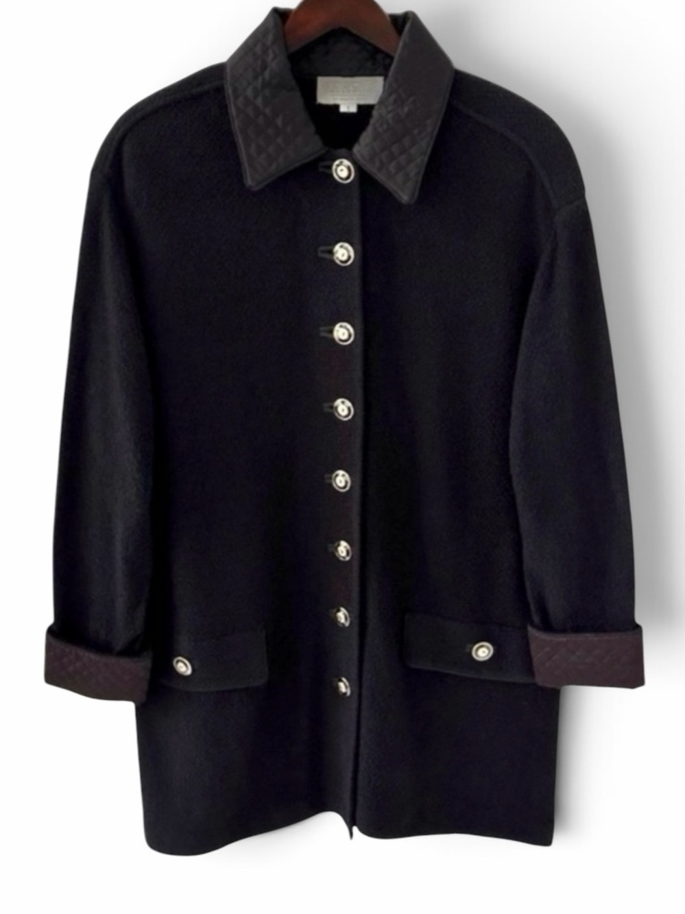 St. John Black Button Front Mid Length Boucle Knit Coat Size Small